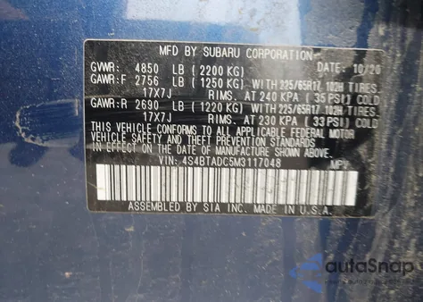 2021 Subaru Outback Premium from USA, damaged, VIN 4S4BTADC5M3117048